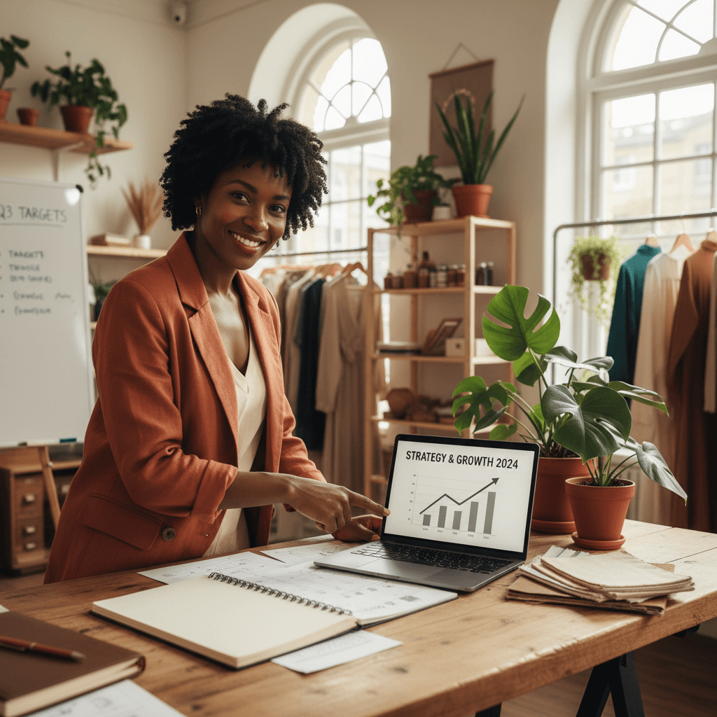 Small business owner confidently implementing strategic growth plan