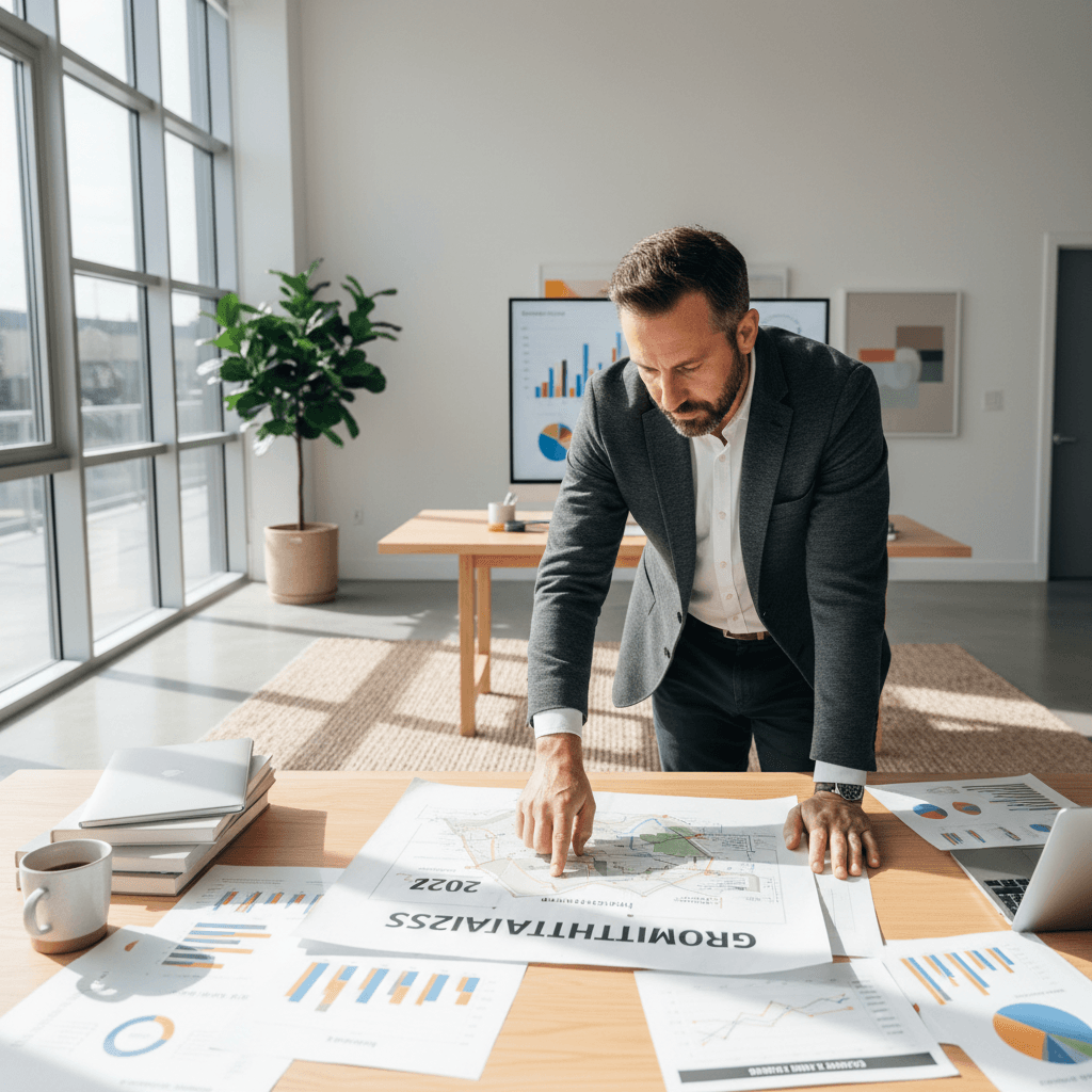 Business owner reviewing strategic growth plans and roadmap