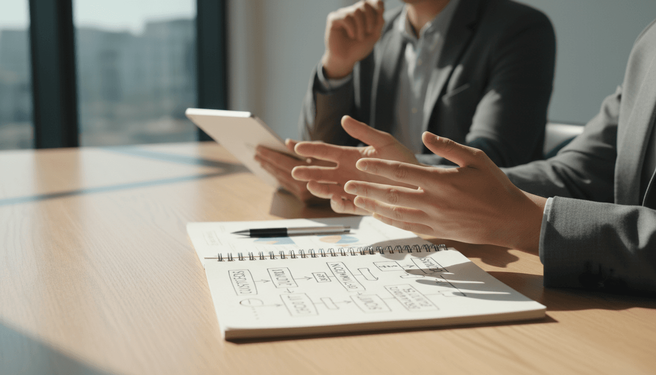 Business owner and consultant reviewing strategic growth plan at wooden table