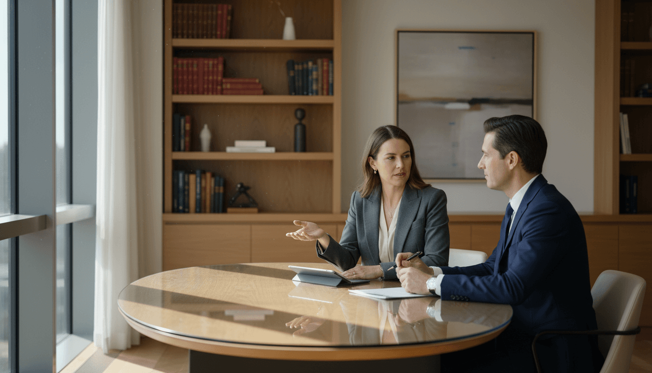 A business owner and consultant sitting at a wooden table with notebooks and a laptop between them, engaged in active discussion