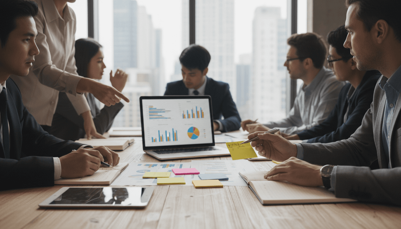 Business strategist reviewing a detailed growth roadmap with a client