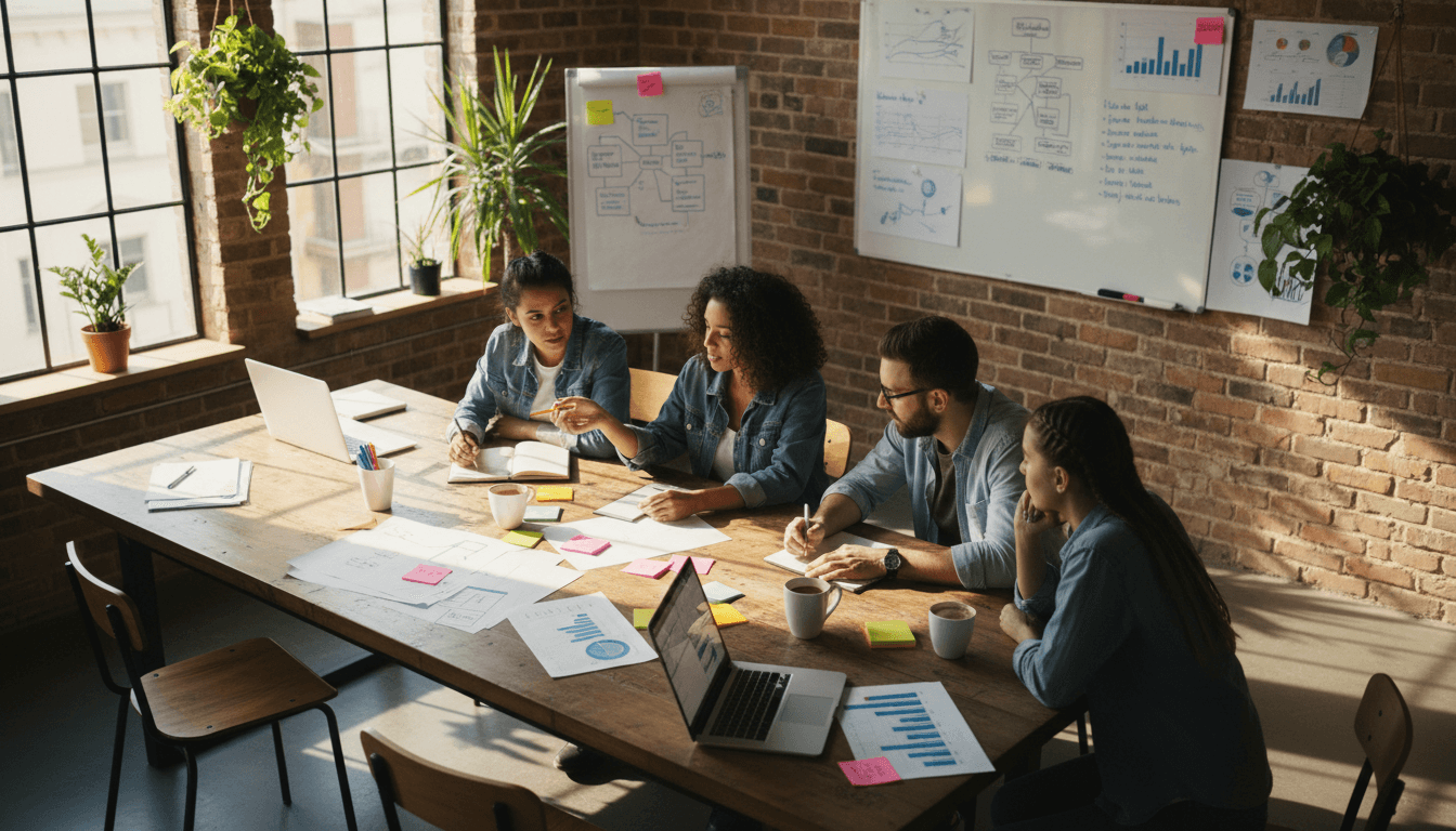 Business owner reviewing brand messaging on a whiteboard